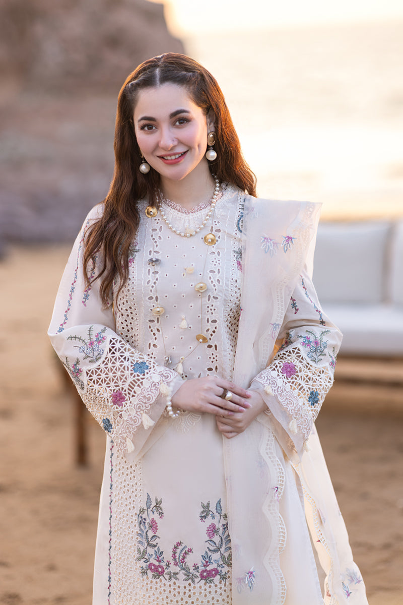 QALAMKAR -WHITE 3PC LAWN EMBROIDERED SHIRT WITH ORGANZA CUTWORK EMBROIDERED DUPATTA AND TROUSER - 455