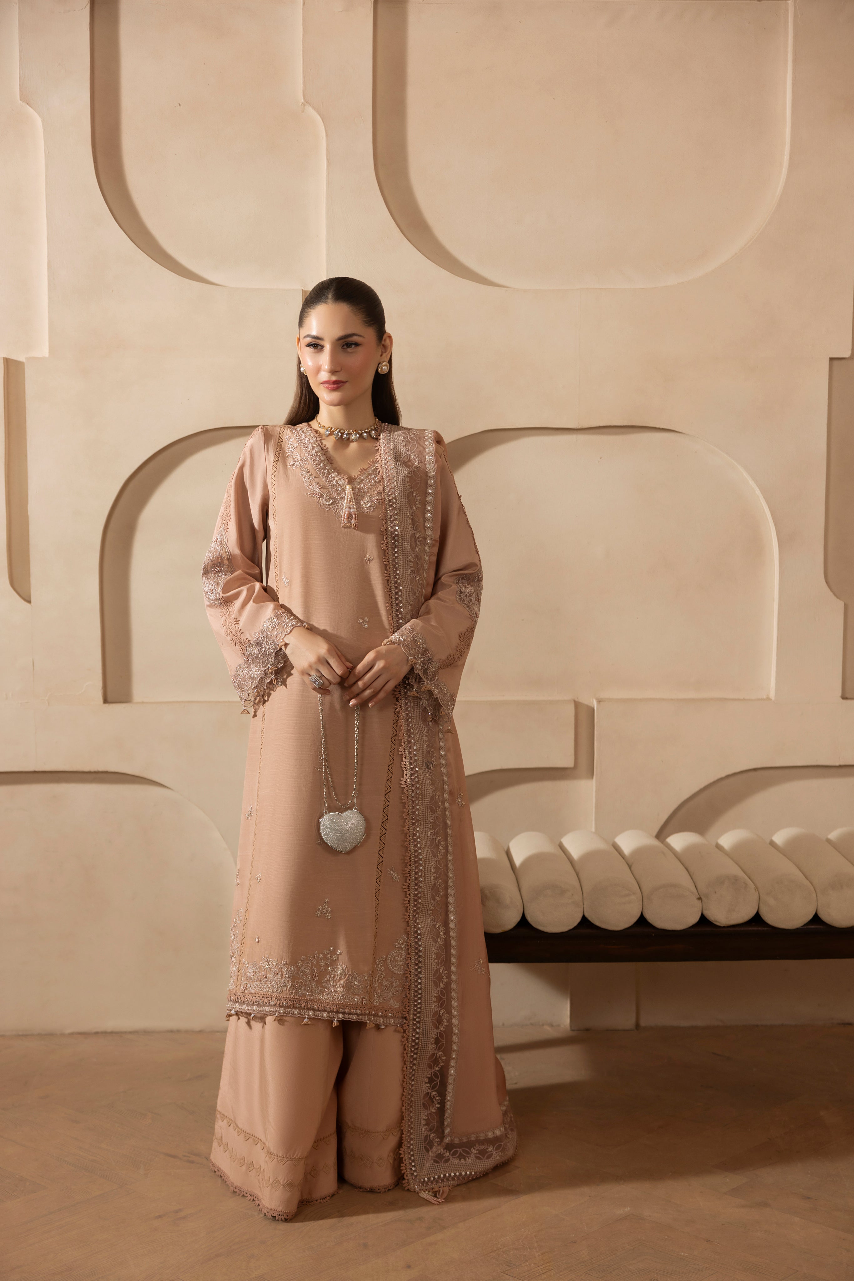 DUSTY ROSE-RAW SILK HAND ENSEMBLE EMBROIDERED- 745