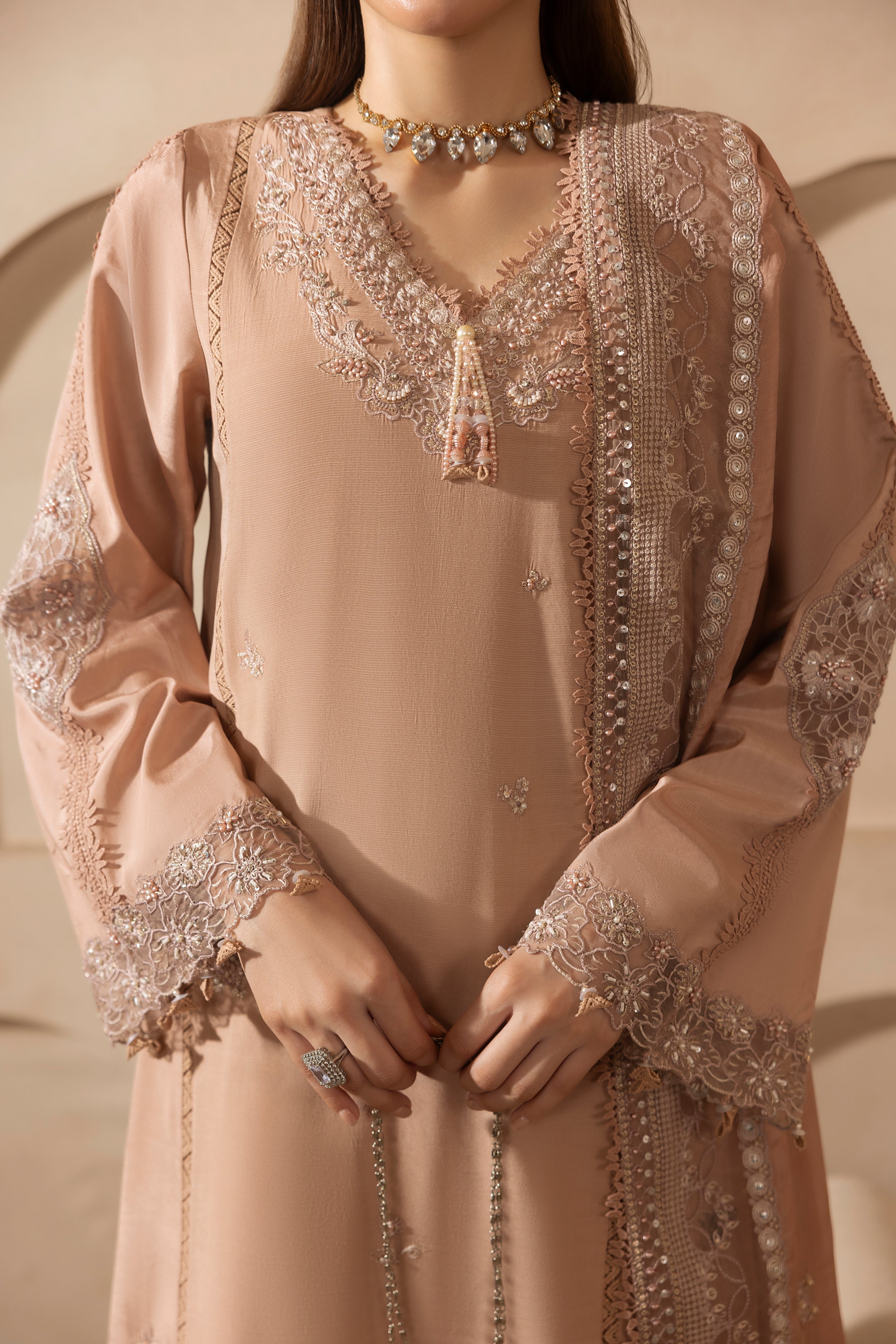 DUSTY ROSE-RAW SILK HAND ENSEMBLE EMBROIDERED- 745