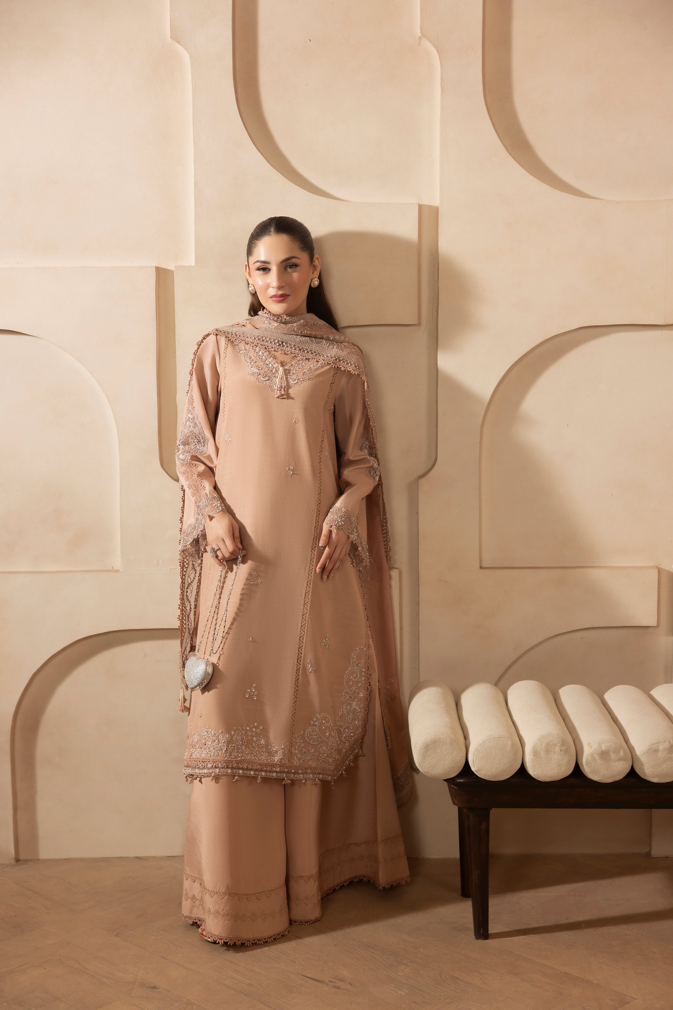 DUSTY ROSE-RAW SILK HAND ENSEMBLE EMBROIDERED- 745