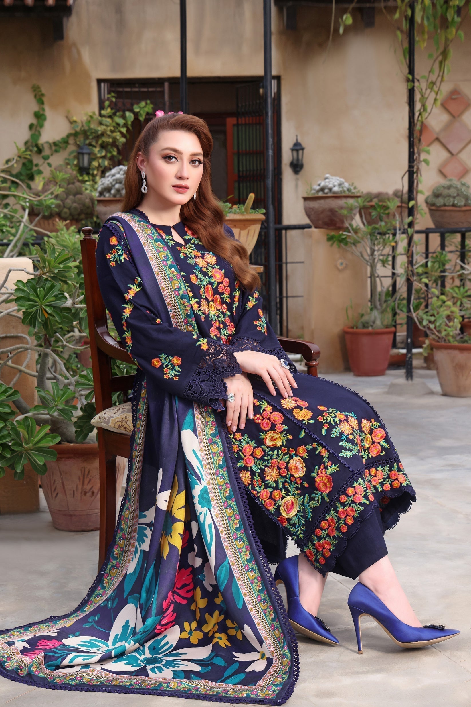 3PC Lawn EMBROIDERED SHIRT WITH COURTRAI PRINTED Dupatta & TROUSER  L 676