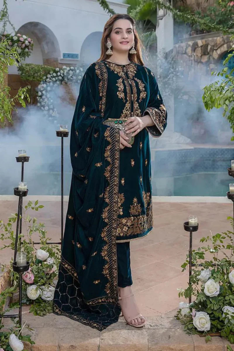 AZURE VELVET 3PC EMBROIDERED WITH VELVET EMBROIDERED DUPATTA-265
