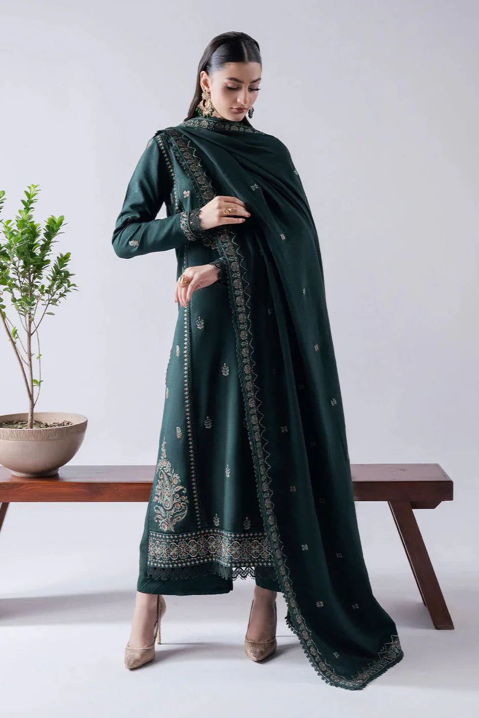 ASIM JOFA-3PC DHANAK EMBROIDERED SHIRT WITH DHANAK EMBROIDERED SHAWL & TROUSER-BIC- 670