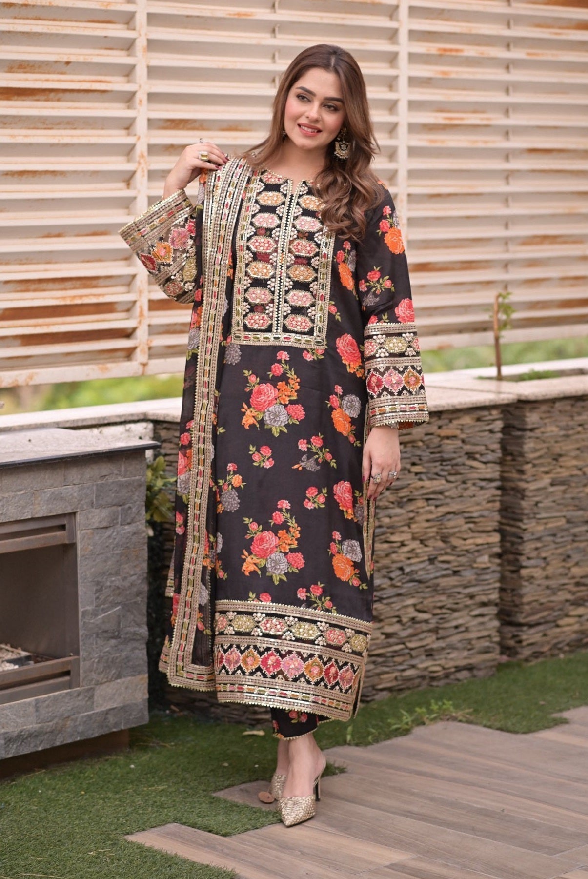Aneelas Luxury Silk 3 Piece Unstitched Black 263