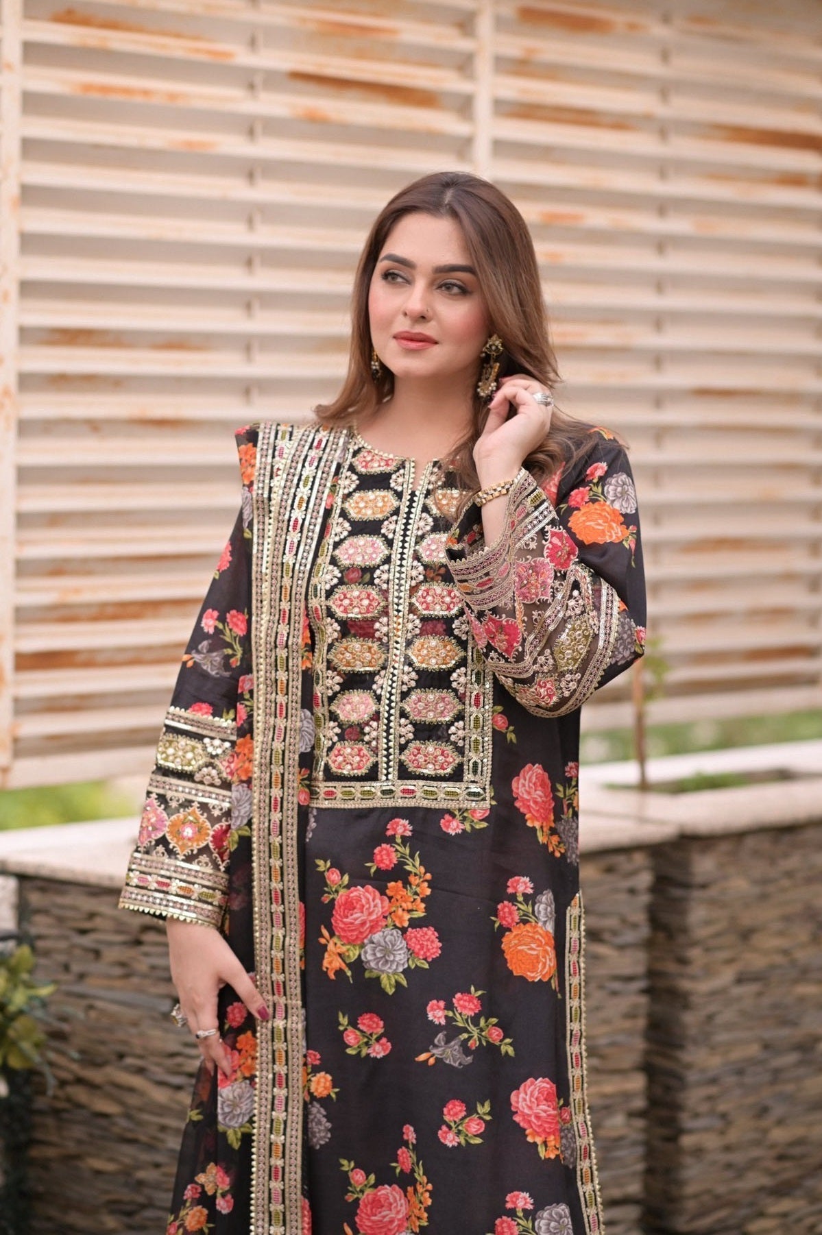 Aneelas Luxury Silk 3 Piece Unstitched Black 263