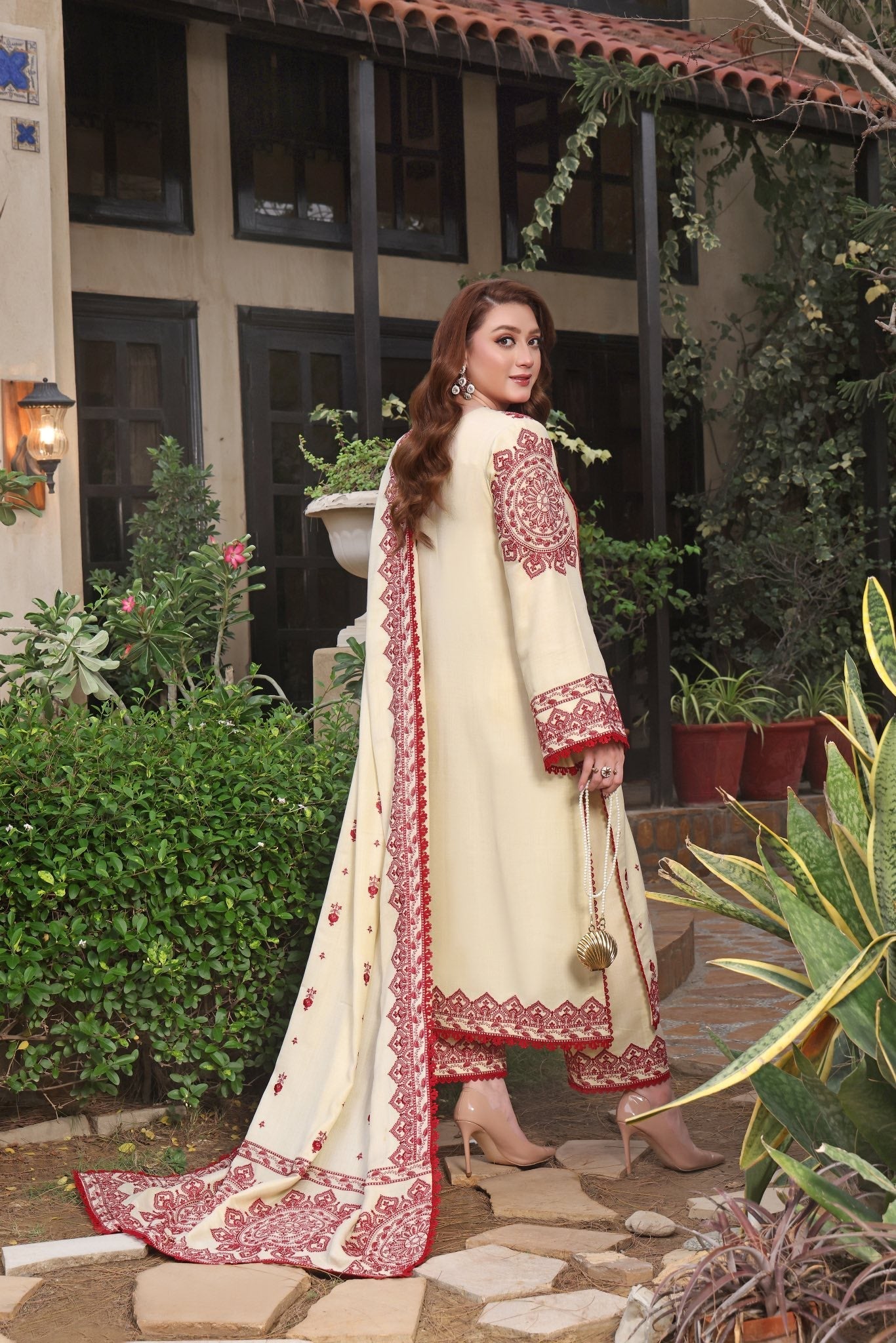 ASIM JOFA-3PC DHANAK EMBROIDERED SHIRT WITH DHANAK EMBROIDERED SHAWL & TROUSER- 672