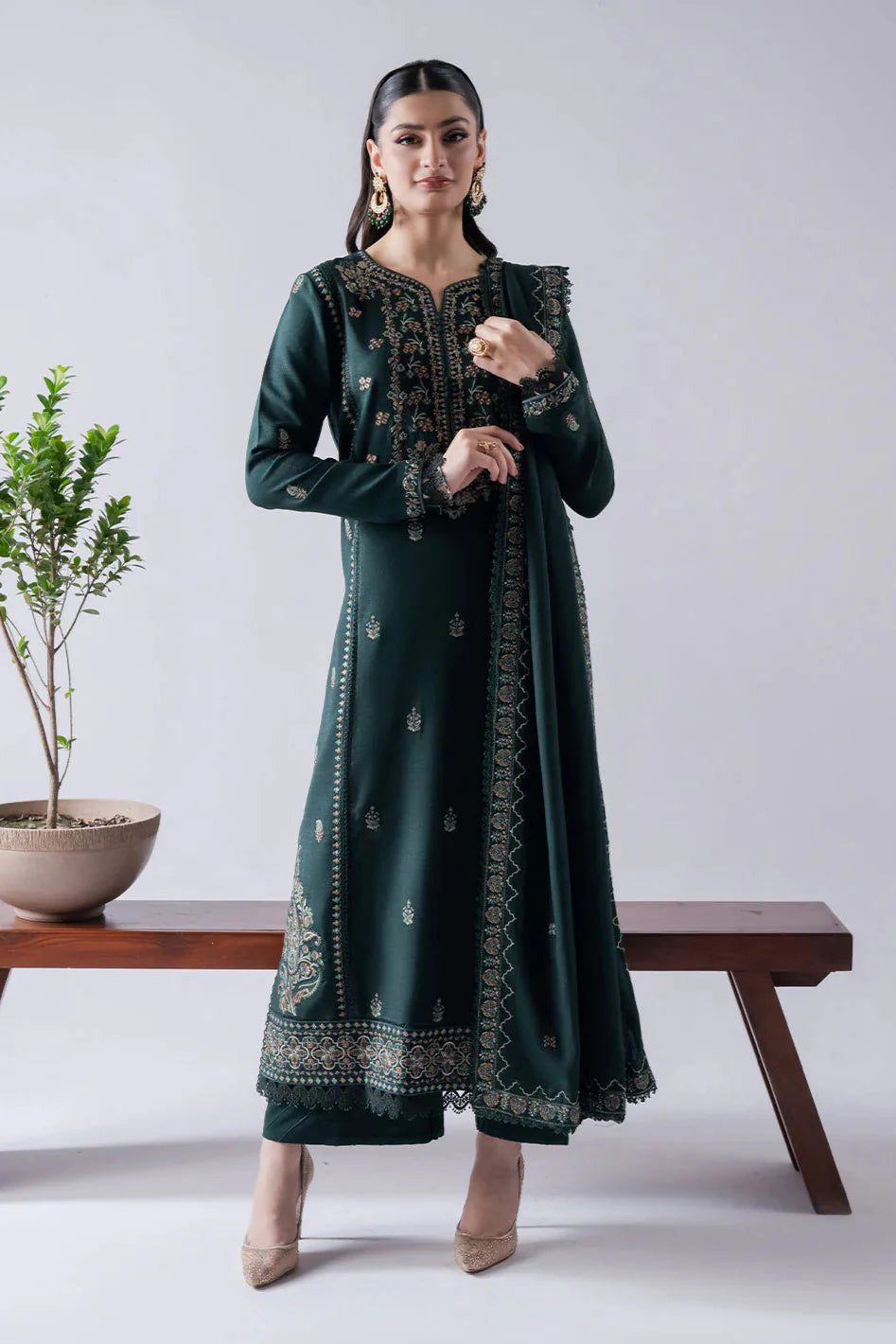 ASIM JOFA-3PC DHANAK EMBROIDERED SHIRT WITH DHANAK EMBROIDERED SHAWL & TROUSER-BIC- 670