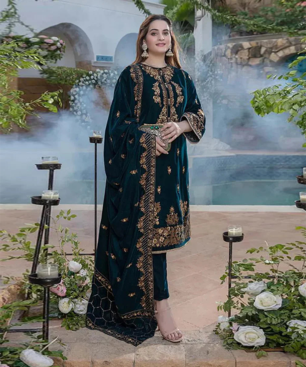 AZURE VELVET 3PC EMBROIDERED WITH VELVET EMBROIDERED DUPATTA-265
