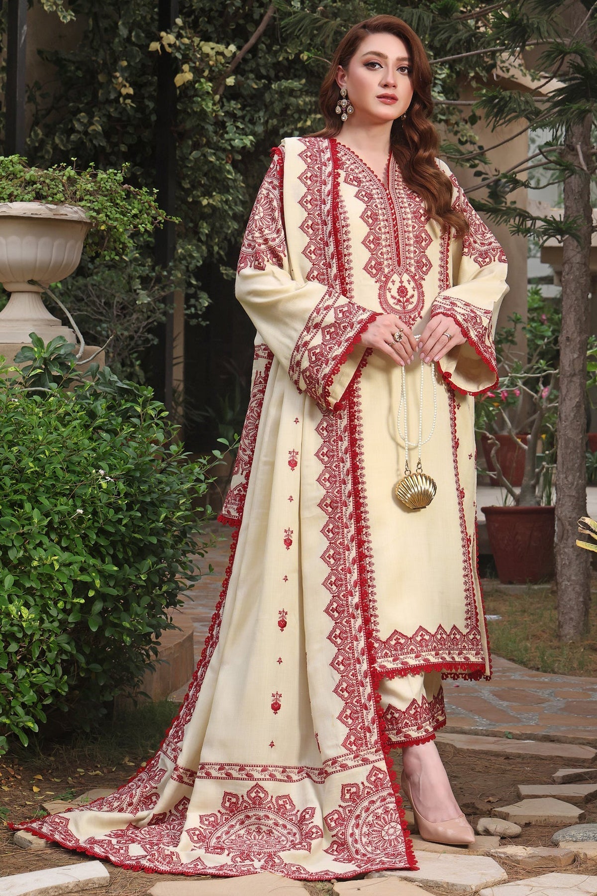 ASIM JOFA-3PC DHANAK EMBROIDERED SHIRT WITH DHANAK EMBROIDERED SHAWL & TROUSER- 672