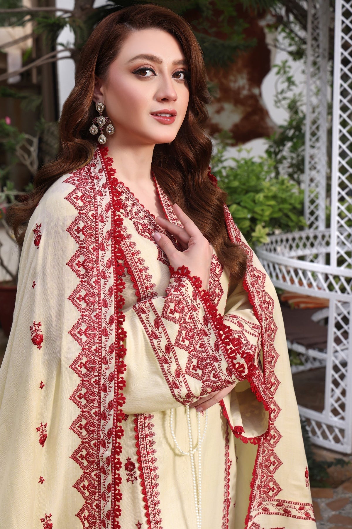 ASIM JOFA-3PC DHANAK EMBROIDERED SHIRT WITH DHANAK EMBROIDERED SHAWL & TROUSER- 672
