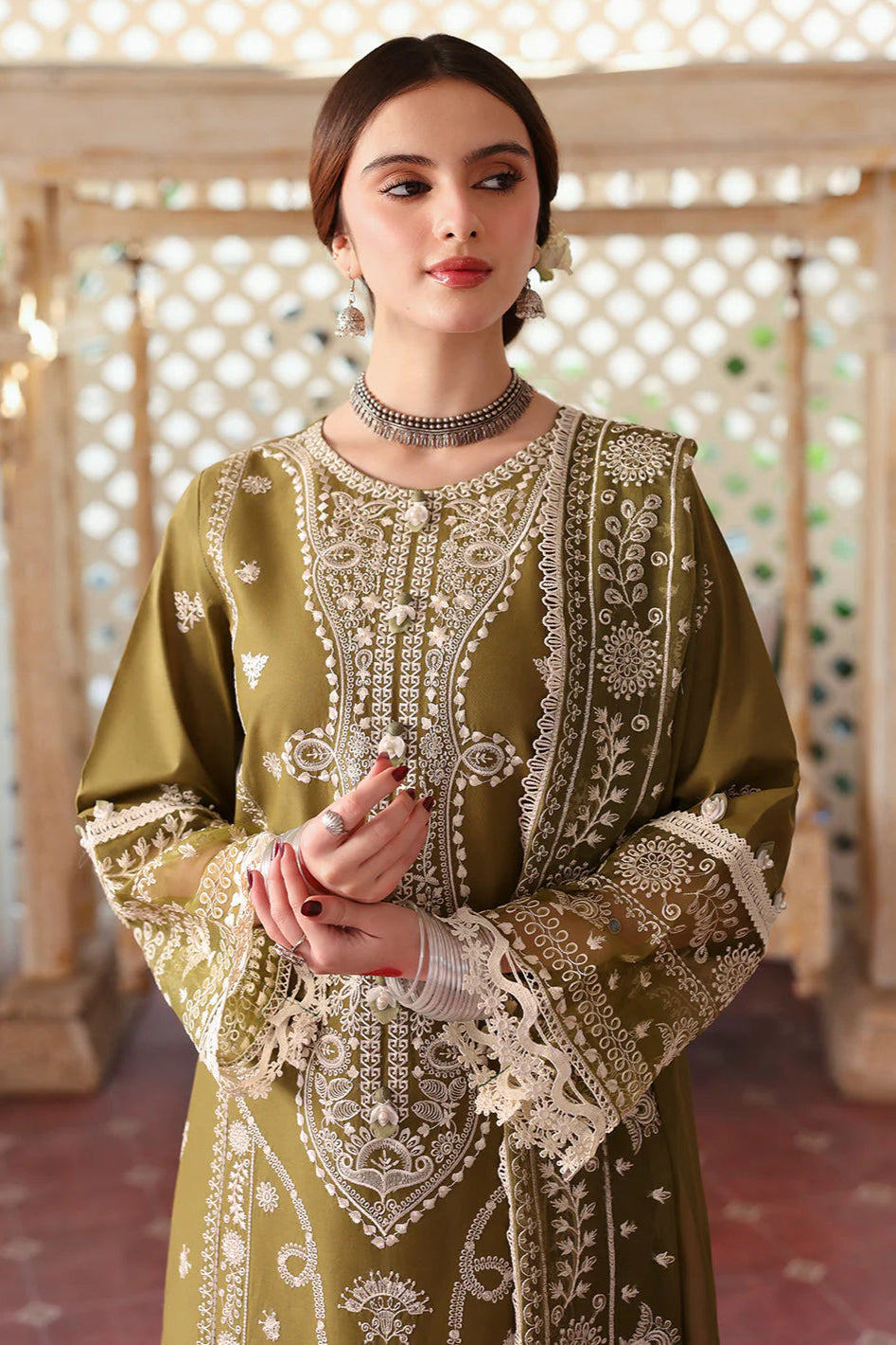 MAHNUR - 3PC DHANAK EMBROIDERED SHIRT WITH DHANAK EMBROIDERED SHAWL AND TROUSER - MR 590