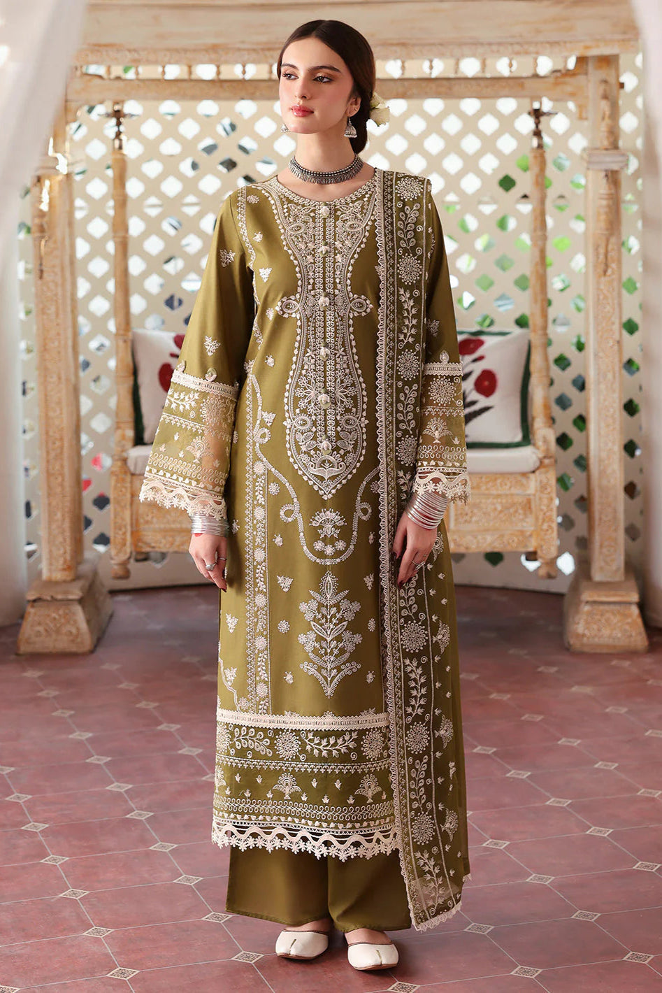 MAHNUR - 3PC DHANAK EMBROIDERED SHIRT WITH DHANAK EMBROIDERED SHAWL AND TROUSER - MR 590