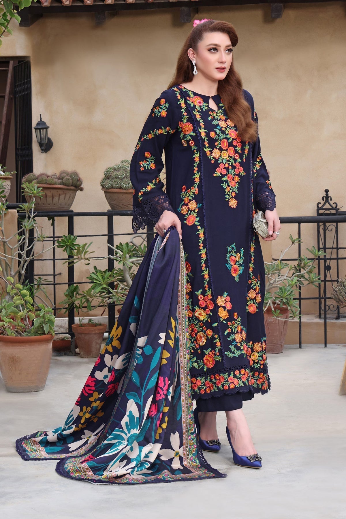 ASIM JOFA-3PC DHANAK EMBROIDERED SHIRT WITH COURTRAI PRINTED SHAWL & TROUSER - 676