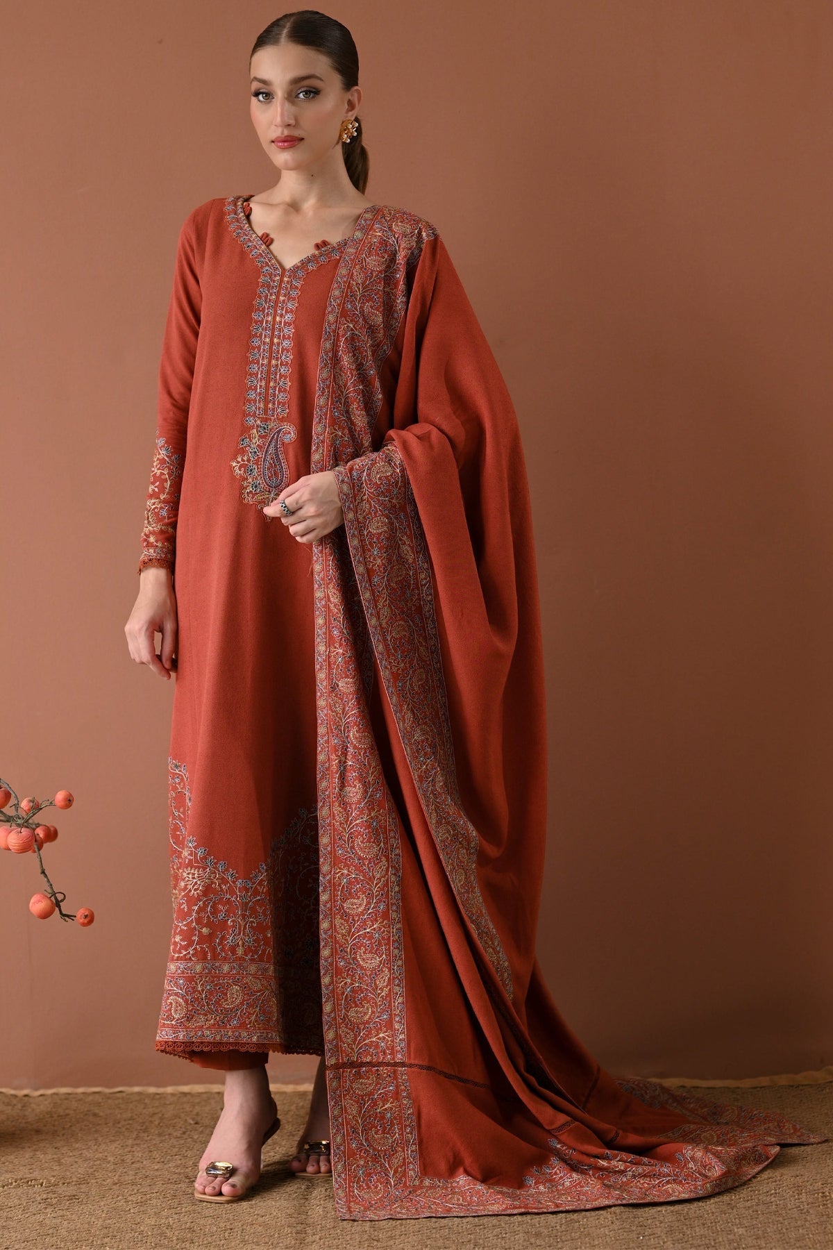 BATIK-3PC DHANAK EMBROIDERED SHIRT WITH DHANAK EMBROIDERED SHAWL AND TROUSER- 678
