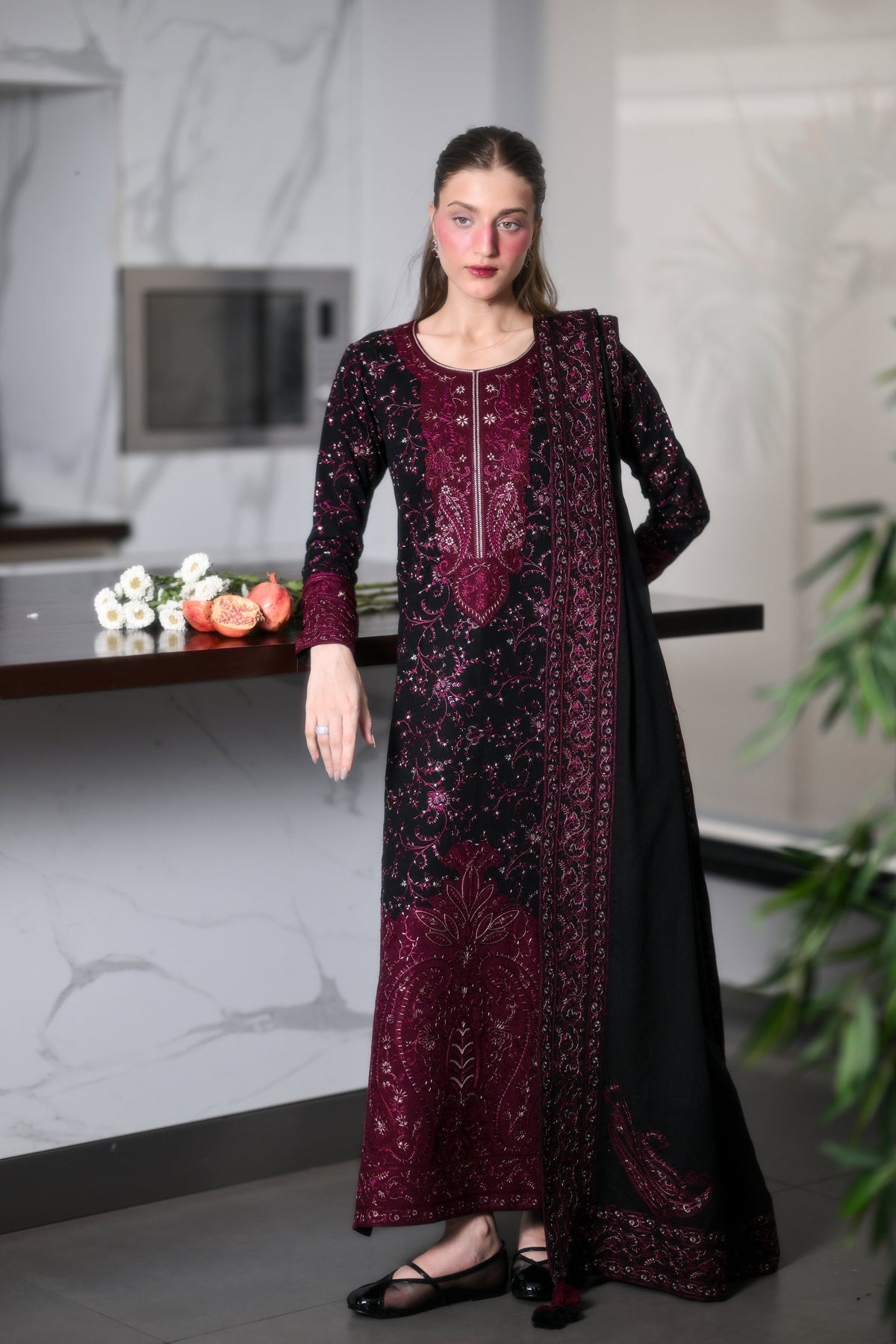 ZAIB-3PC DHANAK EMBROIDERED SHIRT WITH DHANAK EMBROIDERED SHAWL AND TROUSER 63