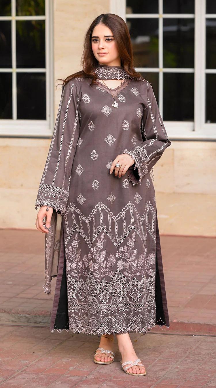 - 3PC DHANAK EMBROIDERED SHIRT WITH DHANAK EMBROIDERED SHAWL AND TROUSER - NS 915