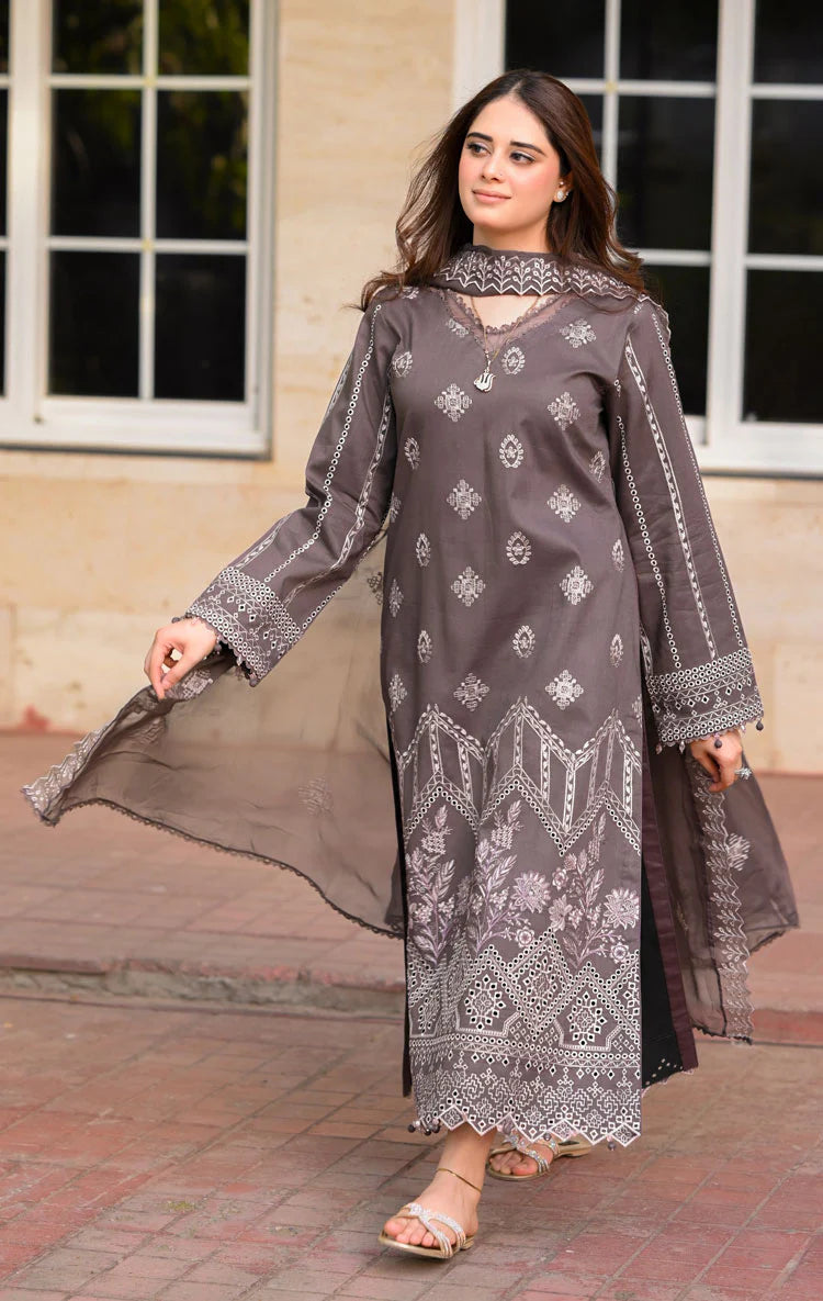 - 3PC DHANAK EMBROIDERED SHIRT WITH DHANAK EMBROIDERED SHAWL AND TROUSER - NS 915