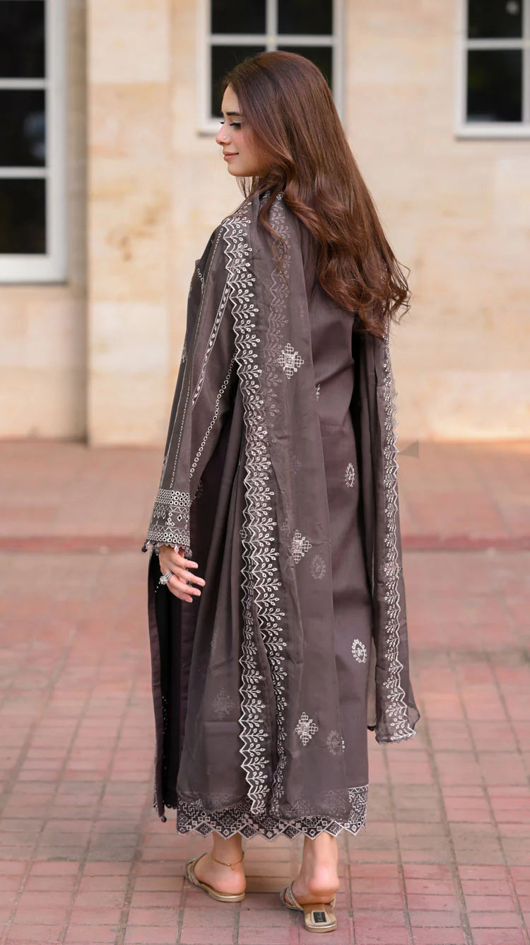 - 3PC DHANAK EMBROIDERED SHIRT WITH DHANAK EMBROIDERED SHAWL AND TROUSER - NS 915