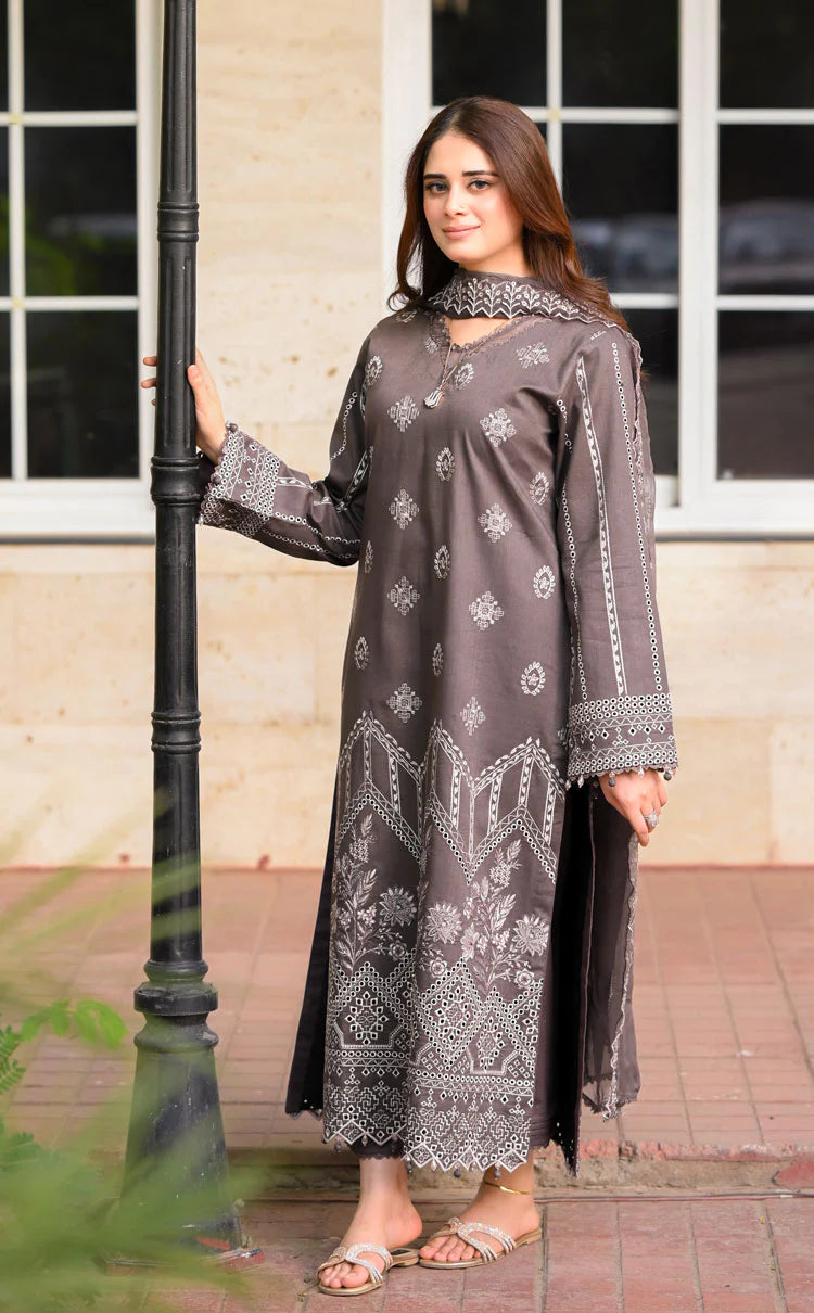 - 3PC DHANAK EMBROIDERED SHIRT WITH DHANAK EMBROIDERED SHAWL AND TROUSER - NS 915