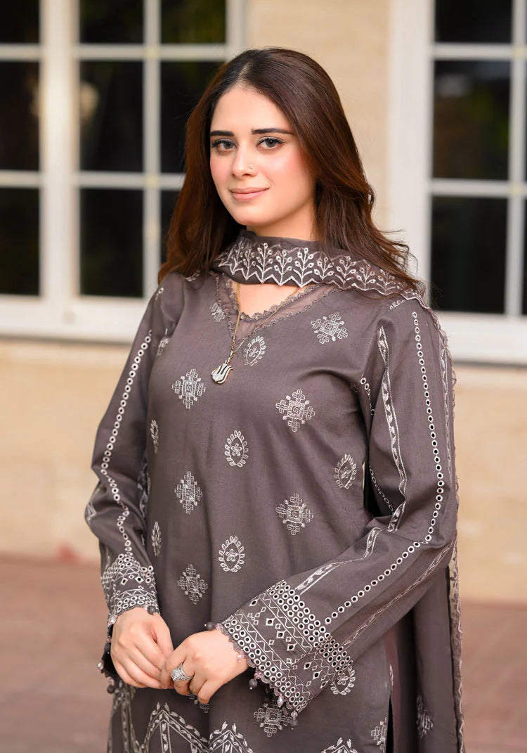 - 3PC DHANAK EMBROIDERED SHIRT WITH DHANAK EMBROIDERED SHAWL AND TROUSER - NS 915
