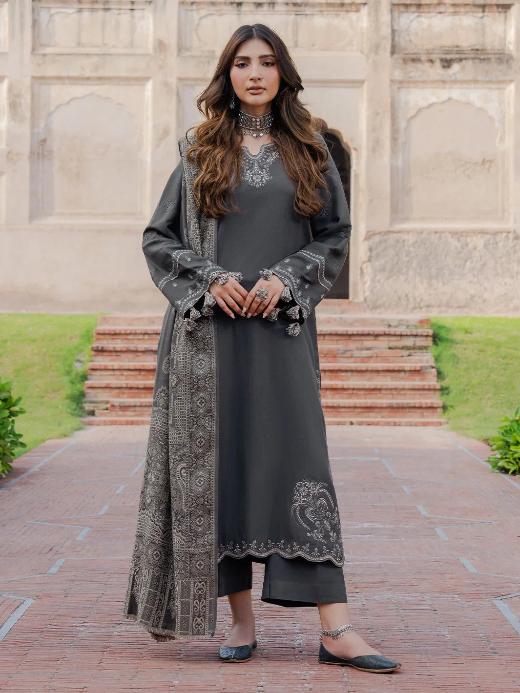 IZEL-3PC DHANAK EMBROIDERED SHIRT WITH WOOL PRINTED SHAWL & TROUSER 736
